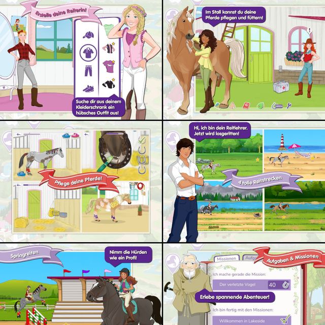 HORSE CLUB Horse Adventures gameplay screens showing character creation, stable care, and riding trails
