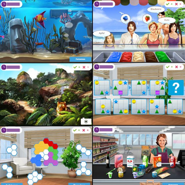 Kognitive Trainings cognitive-game screens showing an aquarium scene, memory puzzle, and matching game