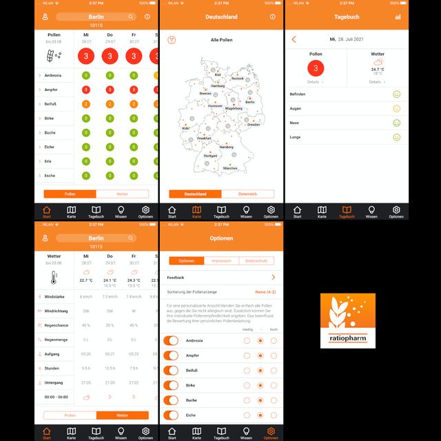 Pollen-Radar app screens showing pollen forecast, map, and diary views